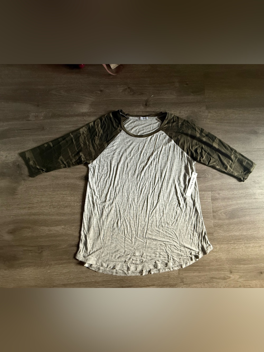 Light Gray Raglan Tee with Olive Camo Sleeves